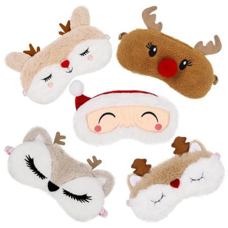 HEQUSIGNS 5Pcs Christmas Sleep Eye Masks for Girls Boys, Cute Reindeer Santa Sleeping Mask for Christmas, Soft Plush Blindfold Eye Cover for Kids and Adult Travel