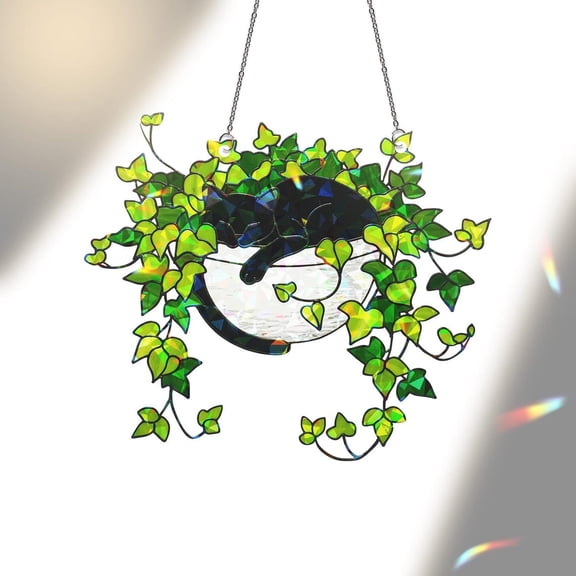 ViciArt Stained Glass Black Cat Window Hanging, 4" Acrylic Suncatcher, White Planter with Ivy Leaves, Light-Catching Cat Decor for Sunlit Spaces