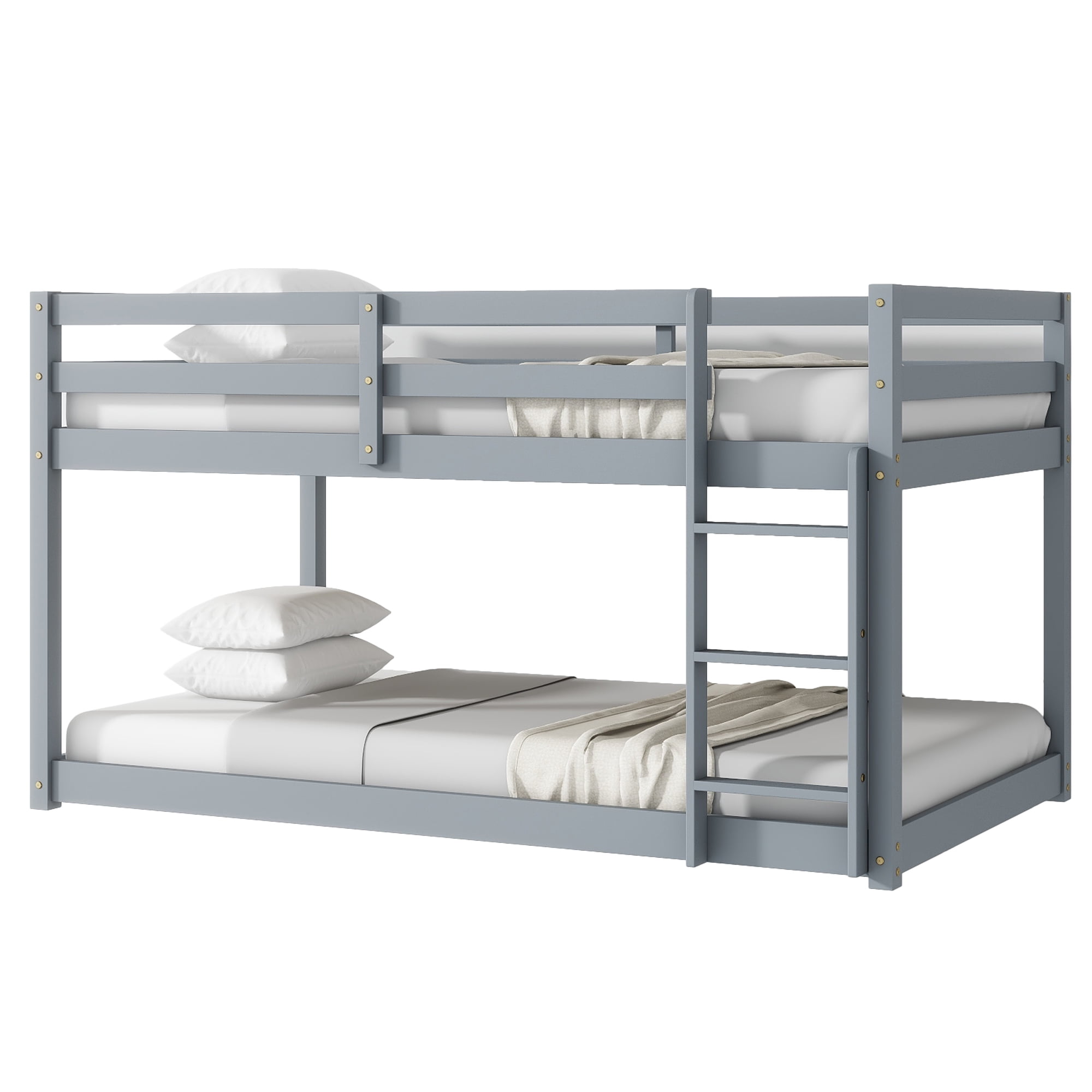Alvantor Wooden Bunk Bed Twin over Twin Floor Bunk Bed with Safety Rail, Ladder for Children Boys Girls Gray