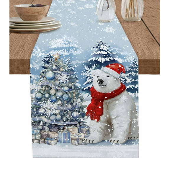 Blue Bear Christmas Burlap-Cotton Table Runner 72 Inches Long,Xmas Tree Snowflake Farmhouse Table Runners,Outdoor Dining Tablecloths Decor for Baby Shower Party Wedding 18x72