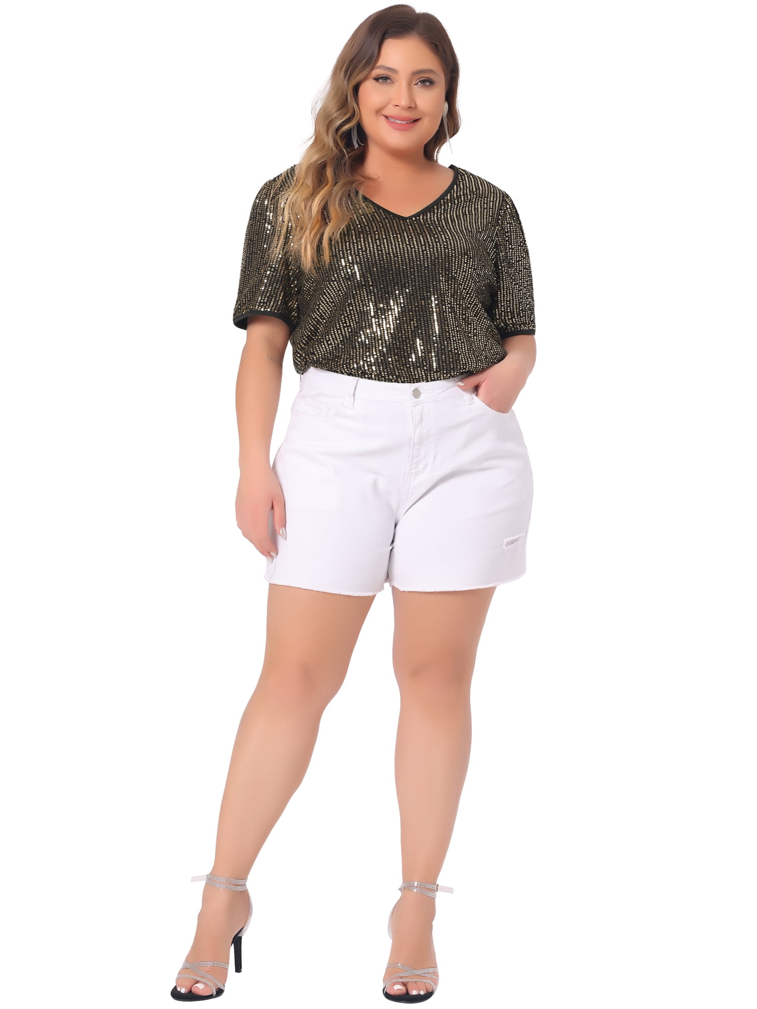 DARING DIVA Women's Plus Sparkly V Neck Short Sleeve Party Tops Blouses 2X Gold