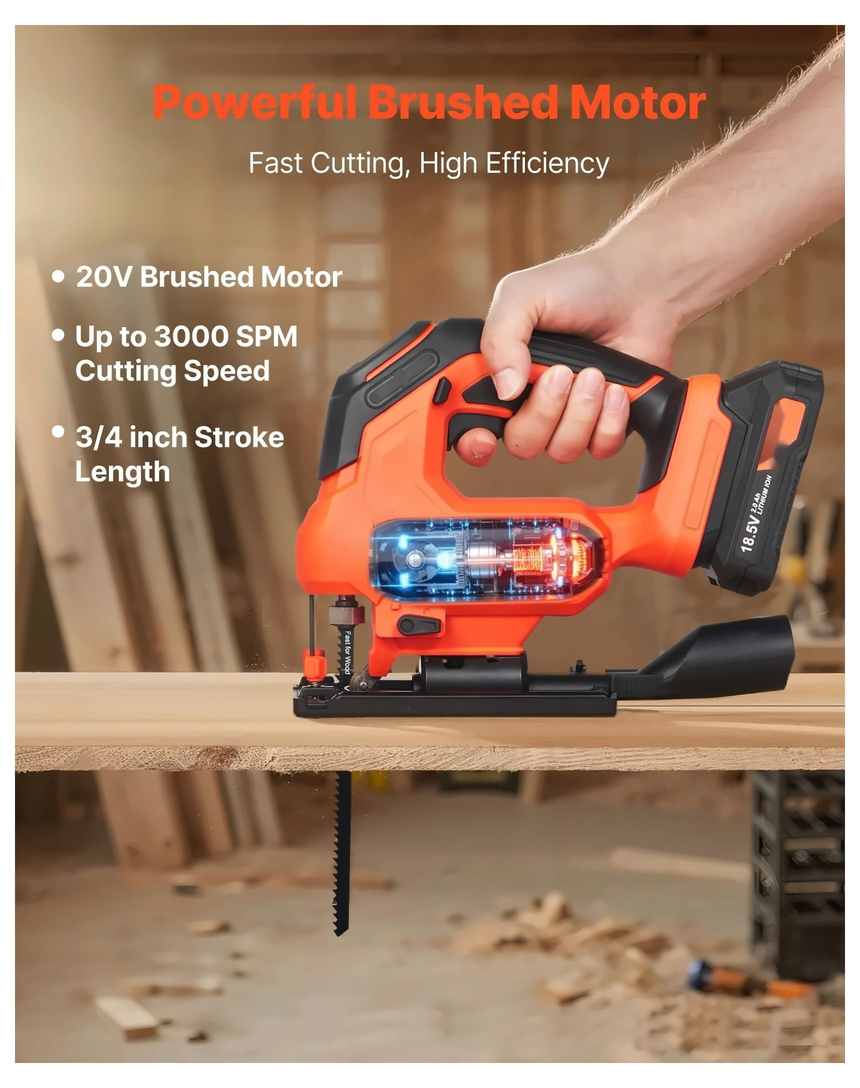 Cordless Jig Saw, 20 V, 3000 SPM Blade Speed, Cordless Jigsaw with Battery and Charger, LED Light, 6 Variable Speed, 0- 45° Bevel Cuts, with 6 pcs Blades, 4 Orbital Settings, for Wood, Metal