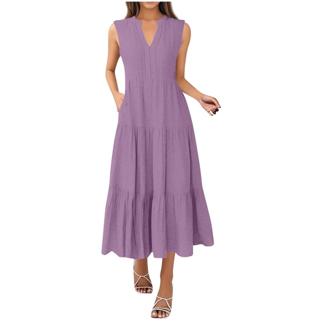 Cinvoph Robes d'Été Décontractées pour Femmes Sans Manches Col en V Robes d'Été à Volants Amples Plissées Fluides Plage Vacances Longue Robe