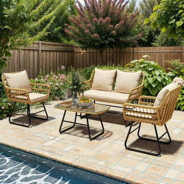 ModFusion 4-Piece All-Weather Outdoor Indoor Patio Furniture Set, Wicker Armchair Loveseat Conversation Chair and Metal Table for Backyard, Balcony, and Deck, Light Brown Rattan & Beige Cushion