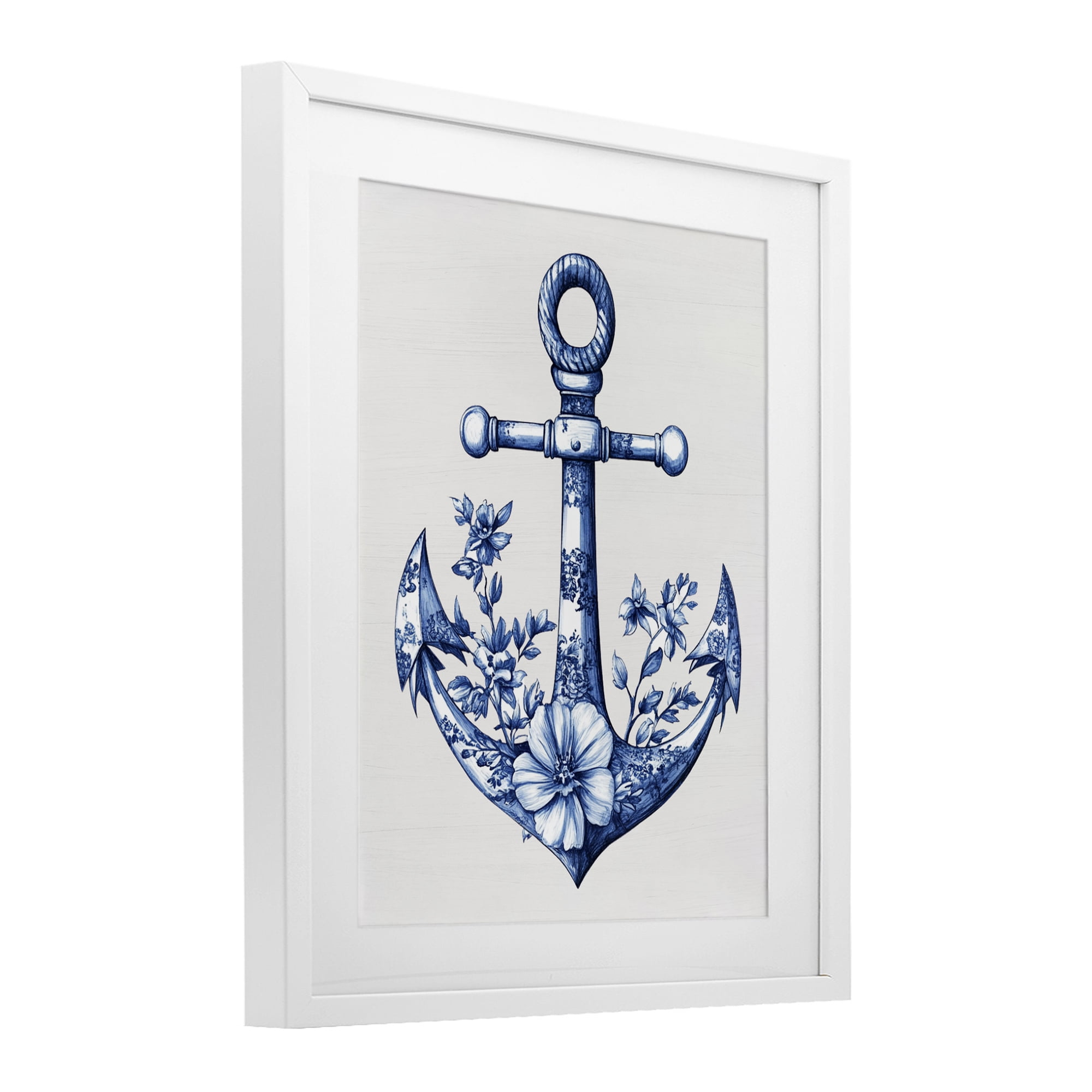 Toile Patterned Anchor White Framed Print Under Glass, design by Lettered and Lined