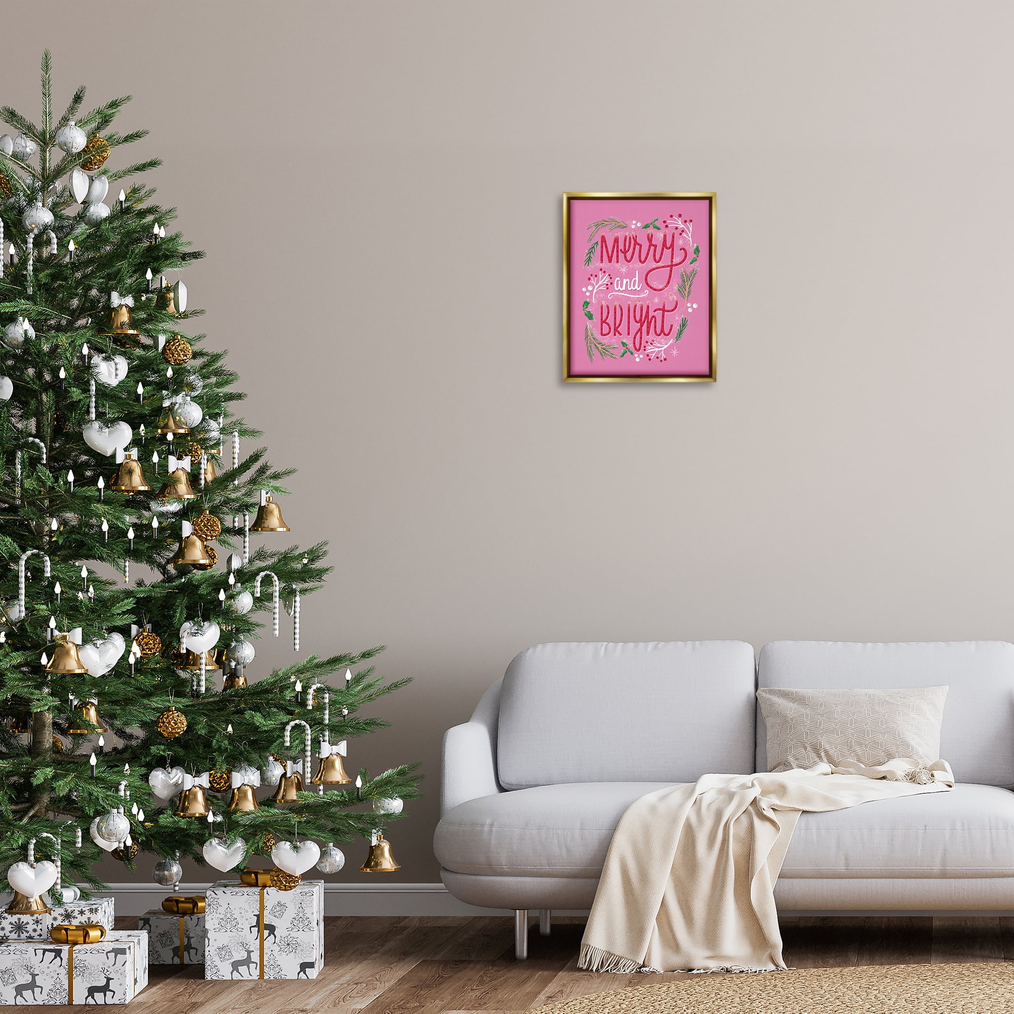 Stupell Industries Merry and Bright Pink Pine Holiday Painting Gold Floater Framed Canvas Art Prints Wall Art, 17 x 21