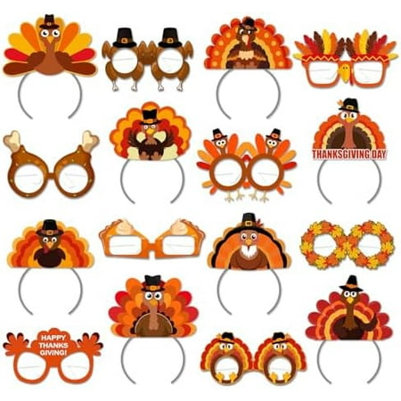 Thanksgiving Headband and Glasses - 16Pcs Fall Happy Thanksgiving Photo Booth Props,Turkey theme Paper Glasses Headbands Set
