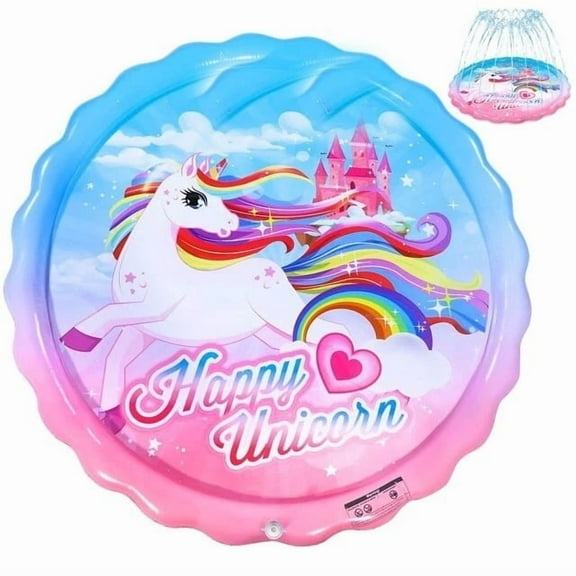 Happy Unicorn Splash Mat – 68 Inch Round Water Play Mat for Kids