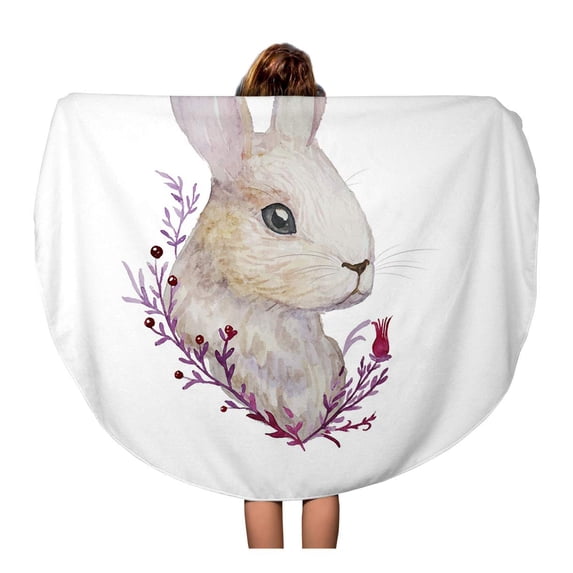 LADDKA 60 inch Round Beach Towel Blanket Watercolour White Rabbit Watercolor Easter in Vintage Spring Travel Circle Circular Towels Mat Tapestry Beach Throw