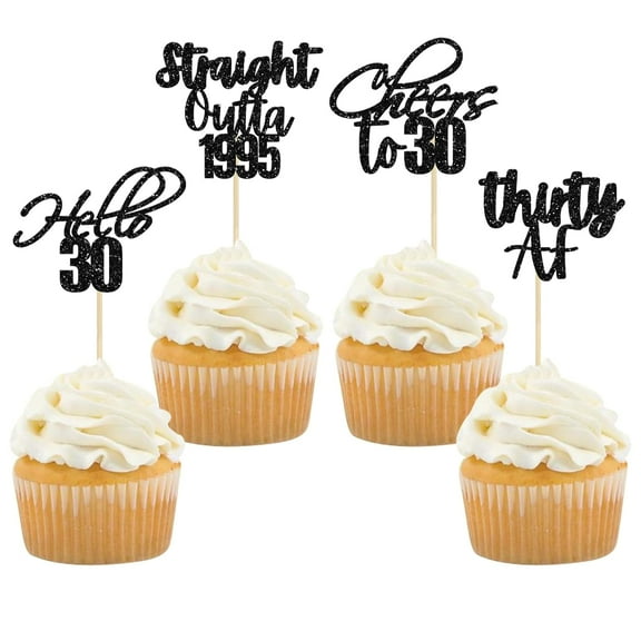 12pcs Black Glitter Hello 30 Cupcake Toppers Glitter Thirty Cheers to 30 Straight Outta 1995 Cupcake Picks for 30th Birthday Anniversary Party Cake Decorations Supplies