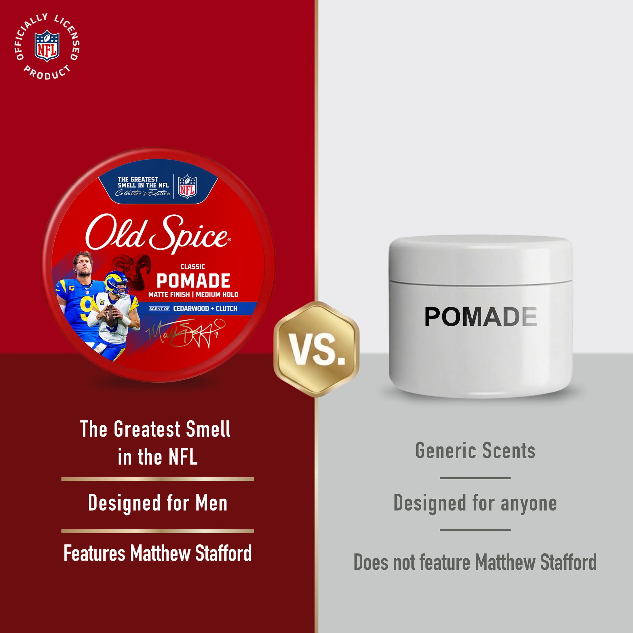 Old Spice MVP Classic Pomade for Men, Matt Stafford MVP, Men's Hair Styling Pomade, Medium Hold, Matte Finish, 2.22 oz