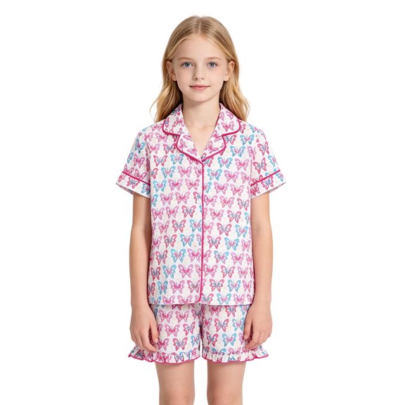 Glisme Girls Outfit Set Bowtie Print Short Sleeve Lapel Neck Blouse With Shorts Outfit Cozy Soft Girls Set Size 9-10 Years Pink