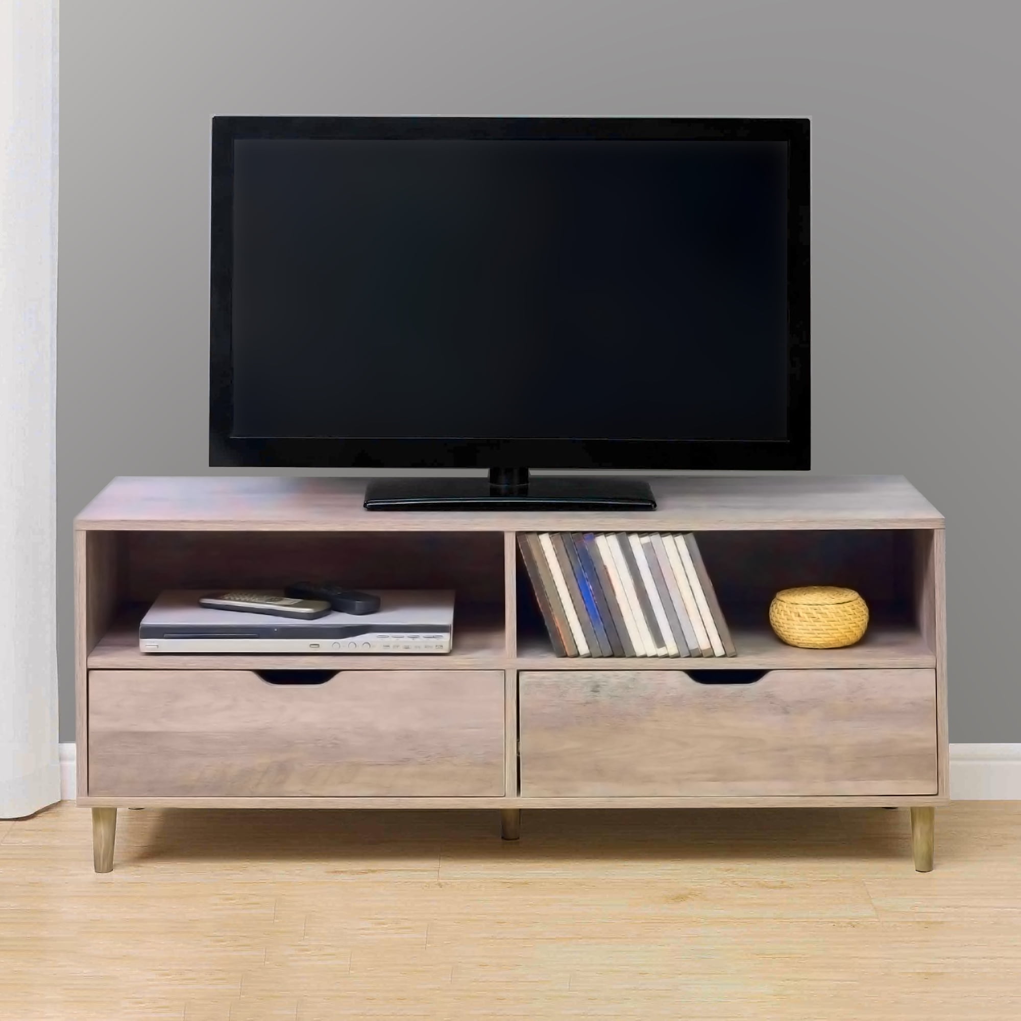 Spaco TV Stand with 2 Doors for TVs up to 50" Open Shelves, Oak Spaco TV Stand with 2 Doors for TVs up to 50" Open Shelves, Oak
