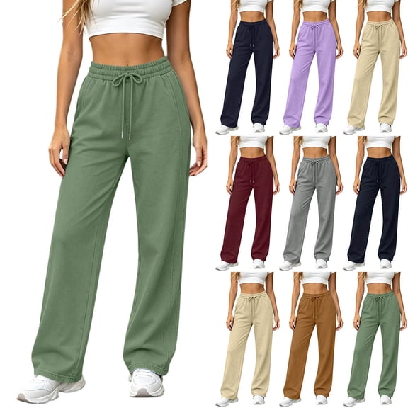 Women Elastic Drawstring Waist Wide Leg Sweatpants Solid Color Loose Casual Long Trousers with Side Pockets Fall Streetwear Lounge Pants