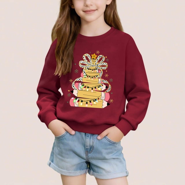 Cowsor Chandails en Molleton pour Filles Enfants Mignon Graphique Col Rond Chandail Tops Xmas Manches Longues Chemises de Vacances