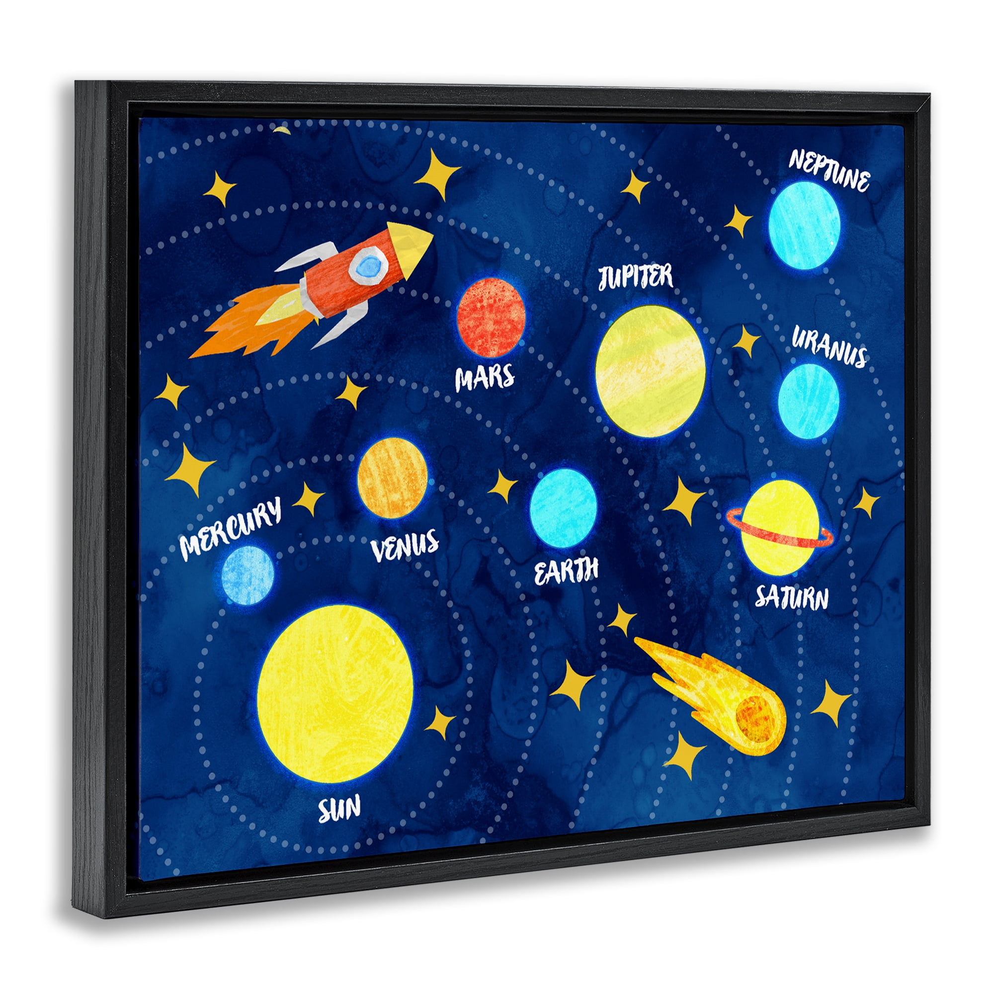 Rocket Across Solar System Black Framed Floater Canvas Wall Art, design by Daphne Polselli