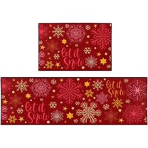 Christmas Kitchen Rugs and Mats Non Skid Washable Set of 2, Red Gold Snowflake Let it Snow Kitchen Floor Mats, Xmas Kitchen Runner Rug, Winter Kitchen Decor