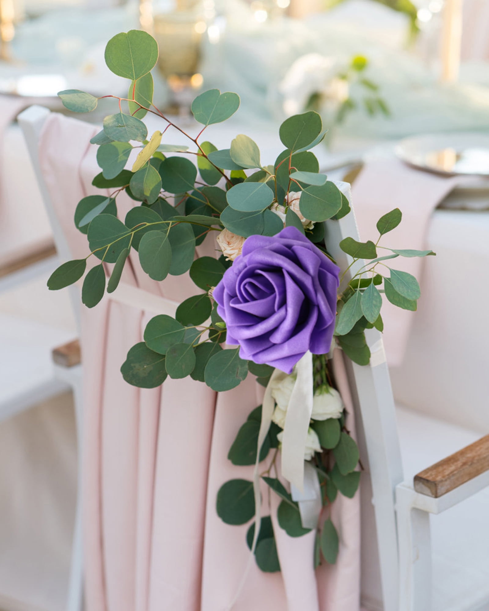 50 PCS Dark Purple Artificial Flowers Real Looking Faux Foam Fake Roses with Stems for Wedding Decoration Bridal Shower Centerpieces Arrangements Party Tables Decor