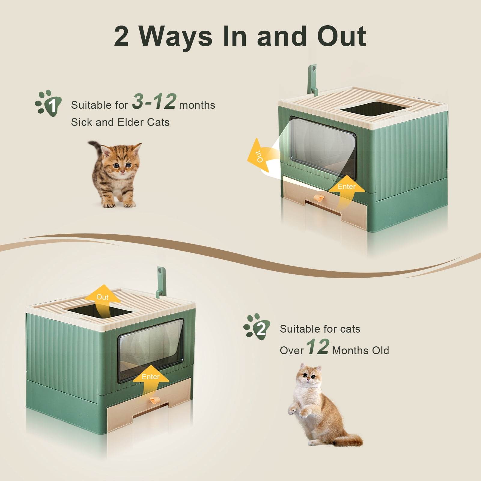 Mgaxyff Enclosed Cat Litter Box Large with Lid Cover&Litter Scoop Foldable Cat Toilet Cat Self-Grooming Side Panel w/ Easy Cleaning Tray