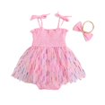 thumbnail image 4 of HJYCHN Girls Dresses Spaghetti Strap Mesh Romper Dress with Button Closure and Bow Hair Tie for Kids Dress 12-18Months, 4 of 4