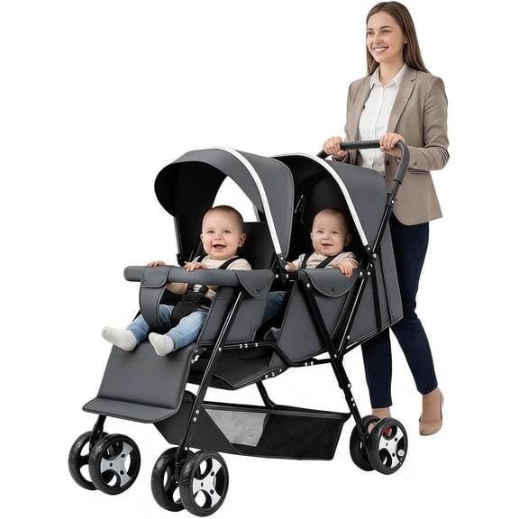Carriola Doble, Carriola Doble para Gemelos, Ajustable en 3 Posiciones, Arnés de Seguridad de 5 Puntos, Reposapiés Ajustable, Fácil de Plegar, Toldo con Ventanilla, 95*50*103cm (Gris)