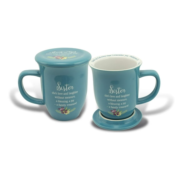CA Gift 165785 14 oz Grace Outpoured-Sister Mug - Blue & White Interior with Coaster, Lid