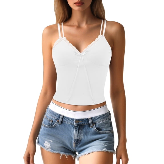 Wang6 Women Spaghetti Strap Camisole Tops Ribbed Double Layer Lace Tank Tops Trendy Sleeveless V Neck Stretchy Cami T Shirts Undershirts White XL