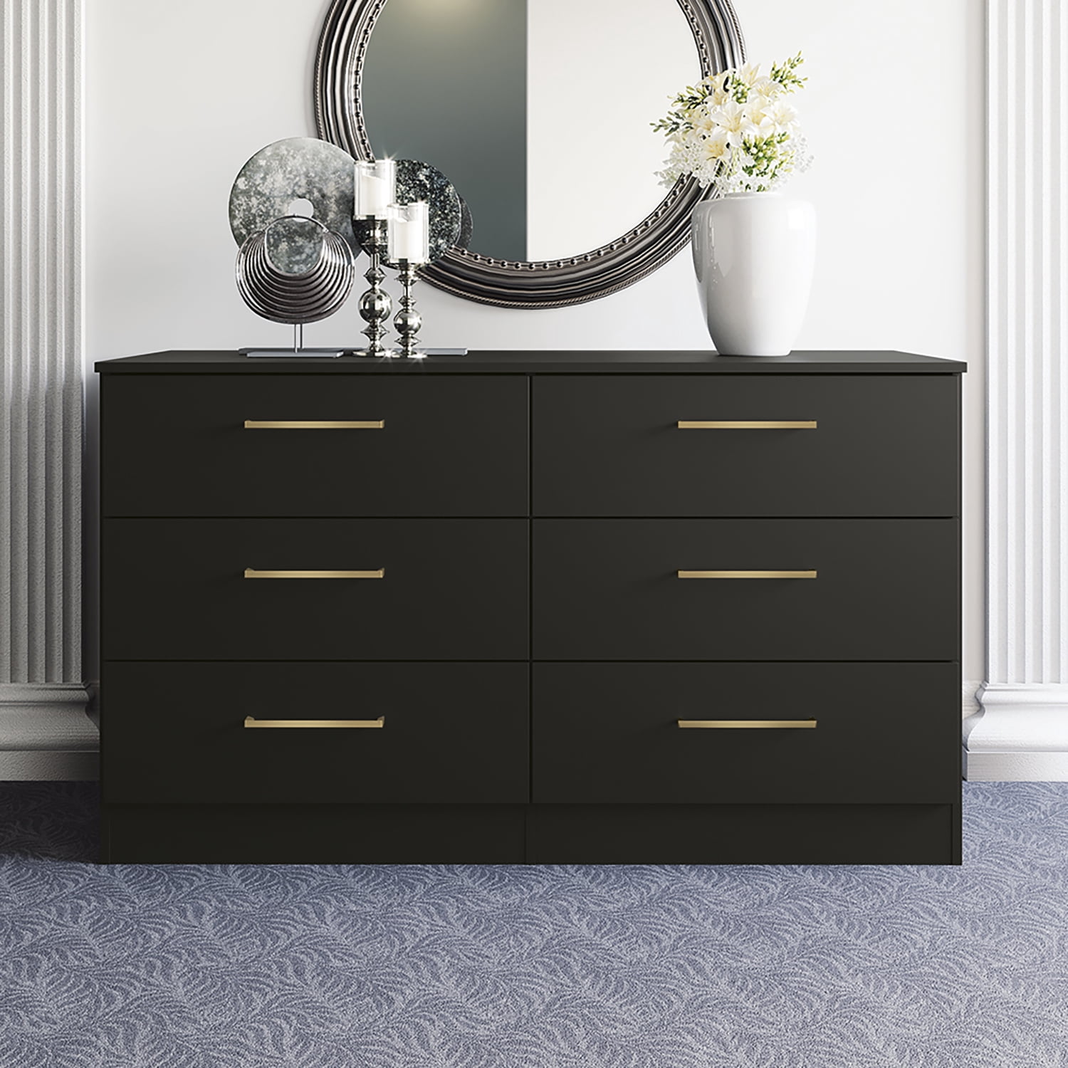 Kappesberg Jolyne 6-Drawer Horizontal Dresser with Gold Handles - Black – Modern Bedroom Storage for Adults and Teens
