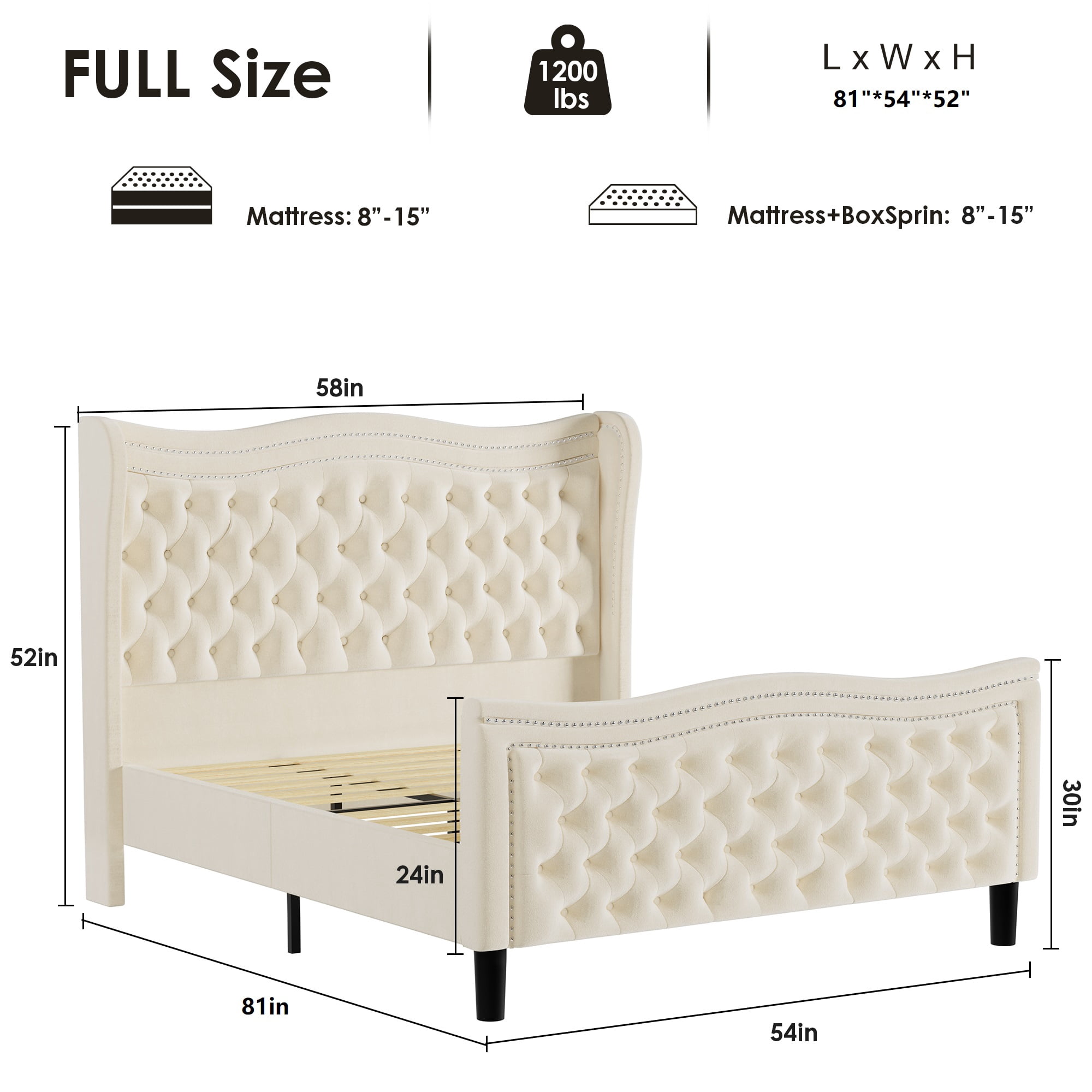 Miniyam Velvet Full Size Bed with Button-Tufted Wingback Headboard for Adult, Beige