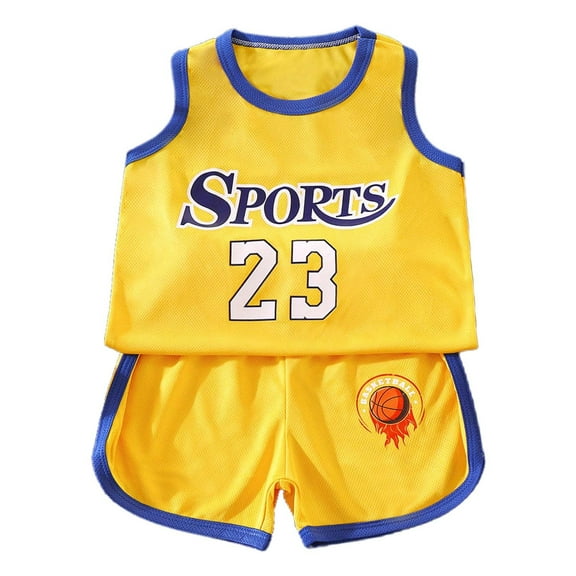 Gelikeya Summer Clothes Kids Sports Shorts Sets Boys Tracksuit 2 Piece Outfits Sleeveless Basketball Performance Tank Top and Mesh Shorts Set #01 Yellow, 8-9 Years
