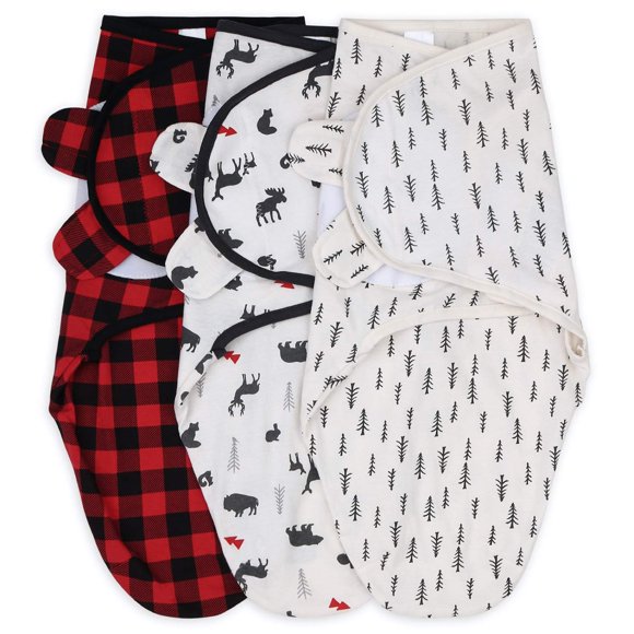 The Peanutshell Couvertures d'Emmaillotage pour Bébé pour Garçons Ou Filles, Animaux de la Forêt et Carreaux Buffalo, Ensemble de 3 Enveloppes, 2 Tailles (Petit/moyen)