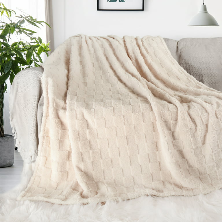 Throw Blanket Fuzzy Plaid Blanket for Sofa Couch or Bed, Throw Size 330GSM Luxury  Fleece Soft Warm Blanket for All Seasons, 50 x 60 Inch,Cream 
