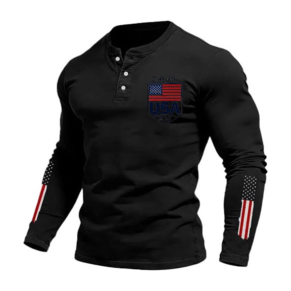 Awwp Mens Tops Men's In God We Trust Usa Flag Print Casual Buttons Neck T Shirt 250Th Anniversary Flag Top Black XXXL