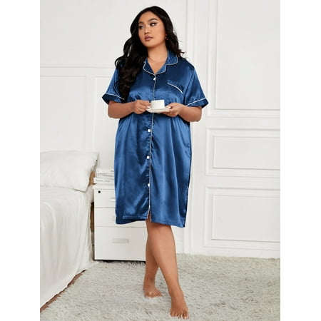 

Simple Women s Plus Short Sleeve Nightdress Blue 1XL(14) for Summer F220102Y