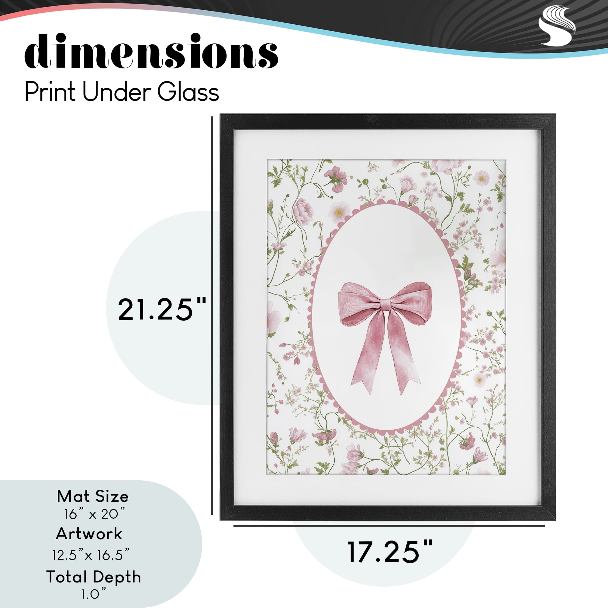 Delicate Florals & Bow Black Framed Print Under Glass, design by Christine Simpson Art