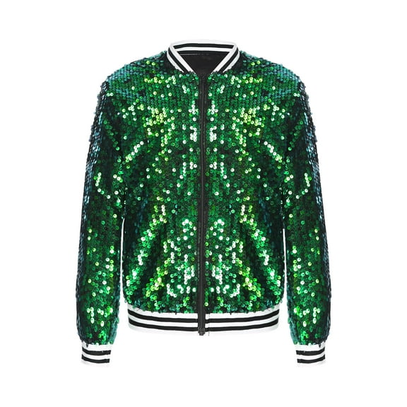 HULIJA Kids Jackets Girls Boys Shiny Sequins Baseball Coat Jacket Dance Bomber Tops Outwear Green 10