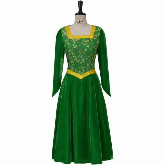 Women’s Princess Fiona Inspired Green Velvet Maxi Dress Classic Elegant Style Gown