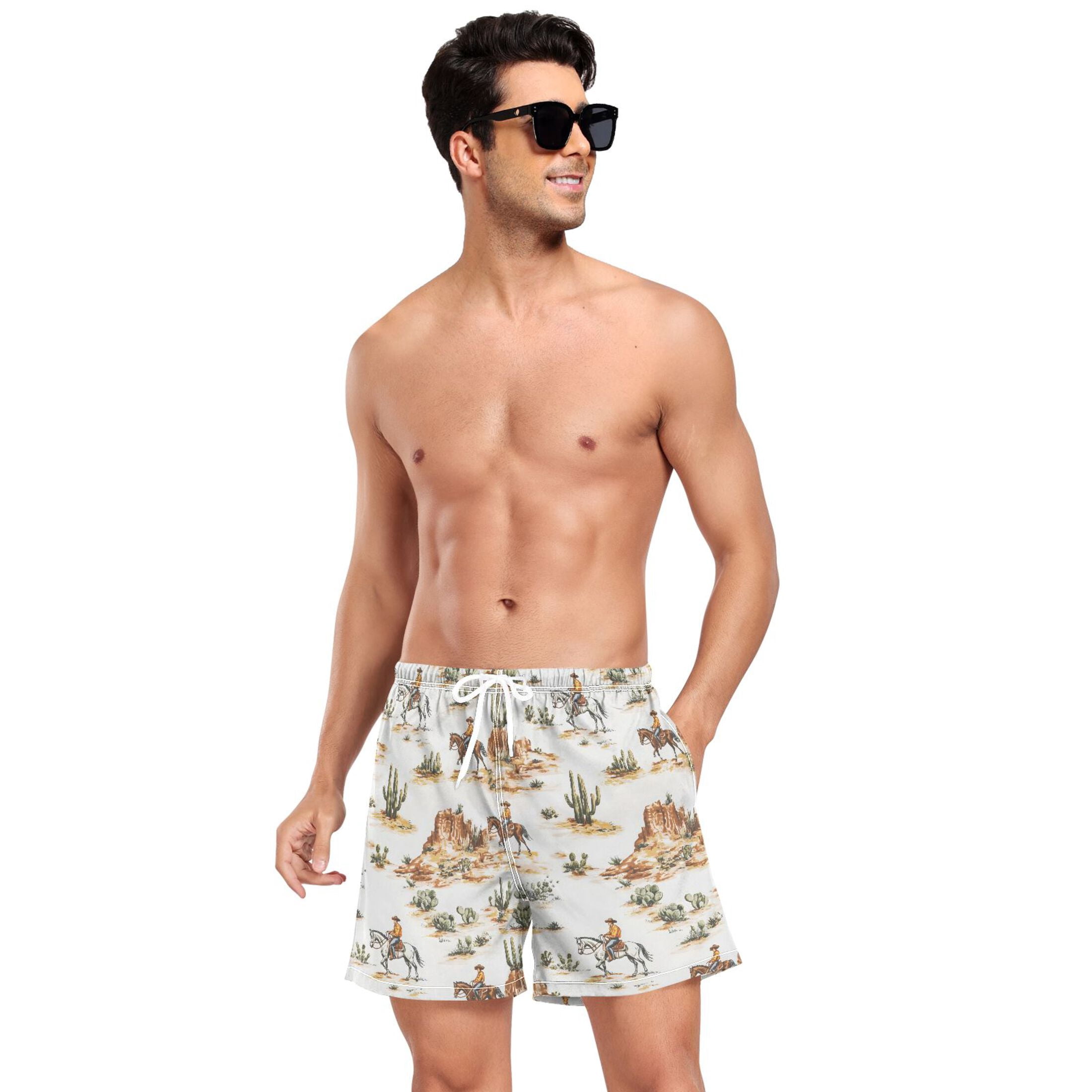 joogoo Men's Western Cowboy Horses Swim Trunks with Liner Pocket Beach Shorts M