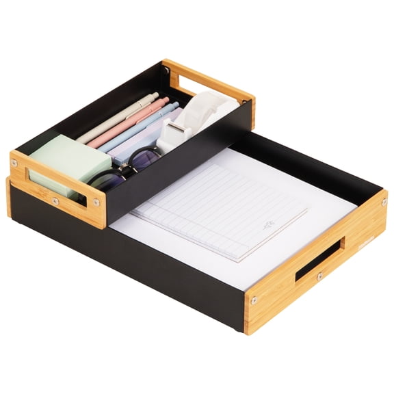 Mind Reader Stackable Metal and Wood Tiered Desktop Organizer Trays with Cutout Handles, Set of 2, Black