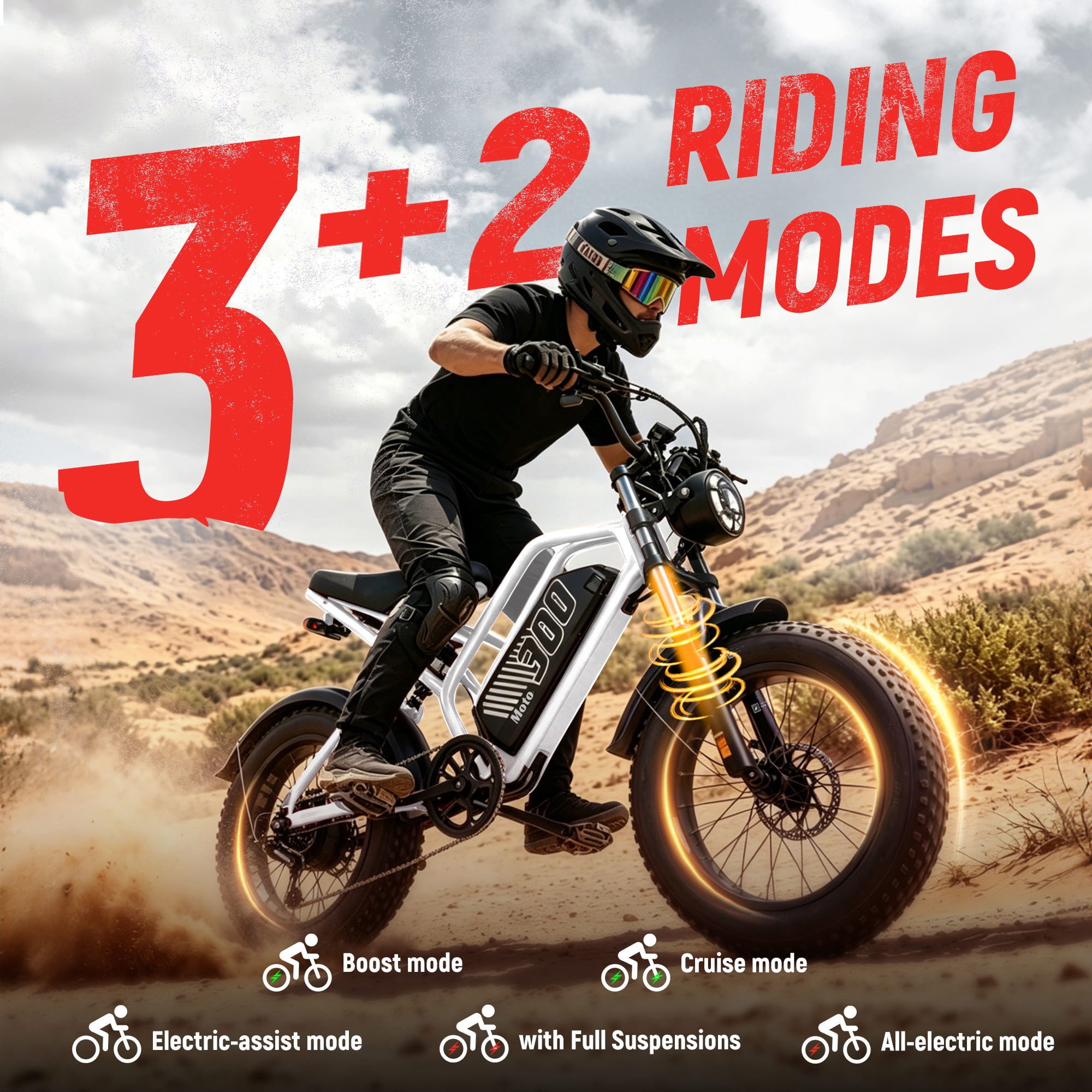 ESKUTE V300 Electric Dirt Bike for Adults & Teens, 1500W Motor, 30+MPH Max Speed, 48V 20.8Ah Removable Battery, 20" x 4.0" Fat Tires, 7-Speed, NFC Unlock White, UL2849