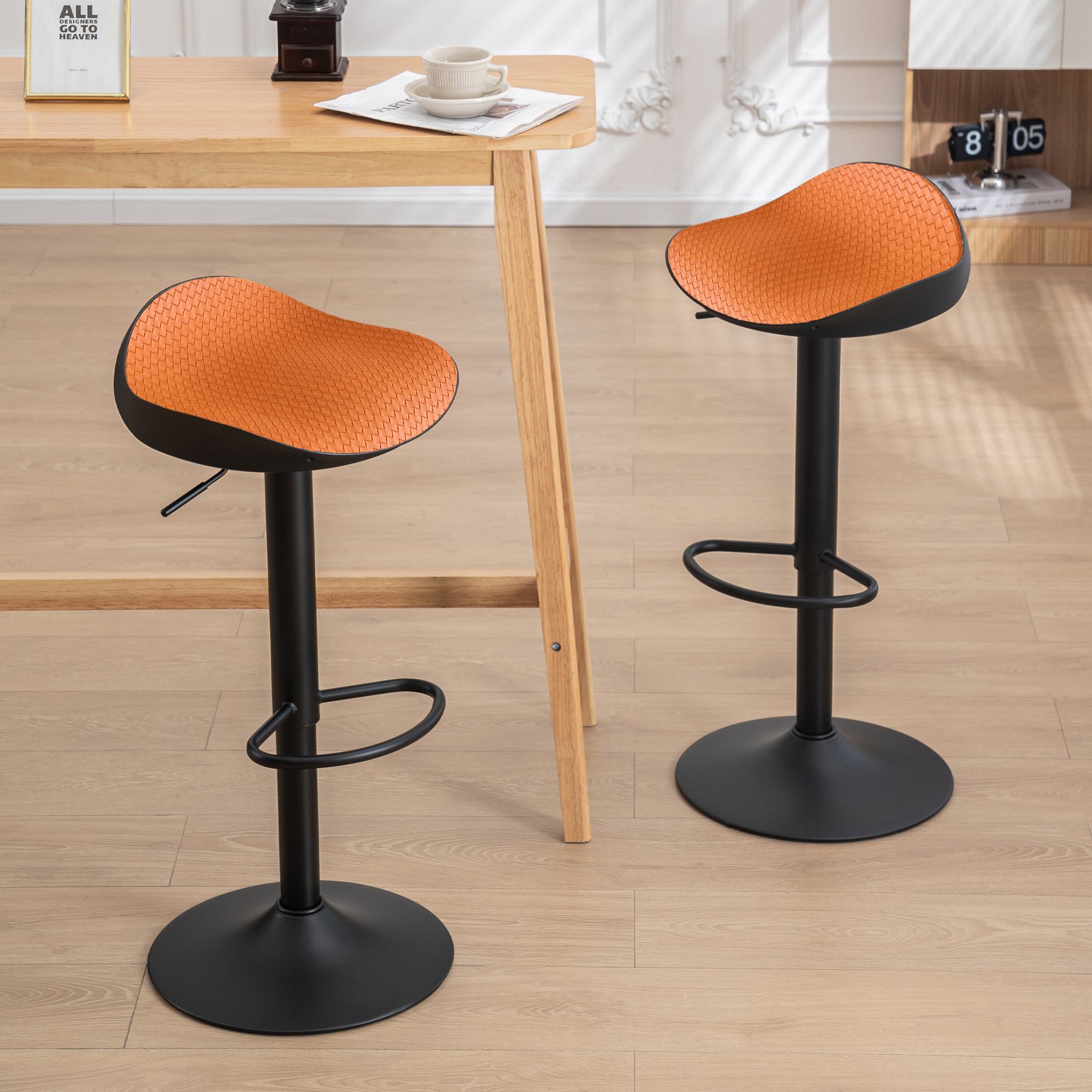 Armless Bar Stools Set of 2 Height Adjustable PU Braided Leather Seat