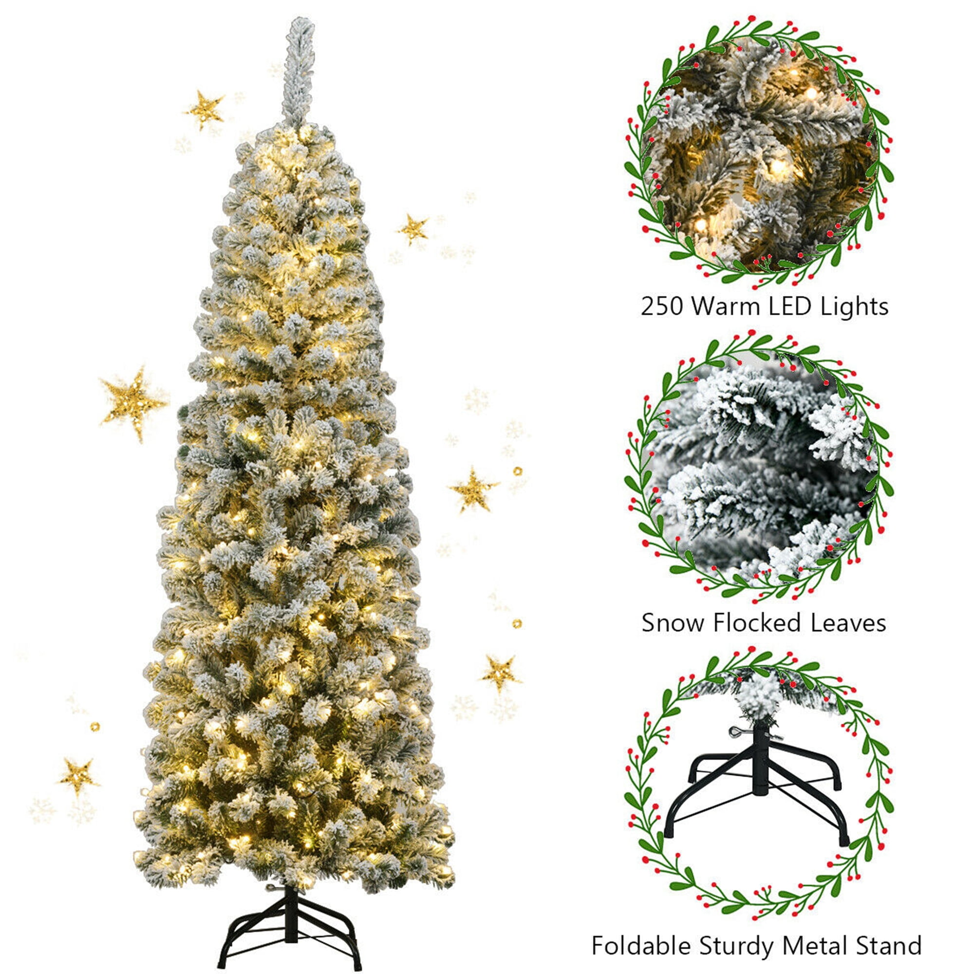 Gymax 6ft Pre-lit Pencil Snow Flocked Pencil Christmas Tree Holiday Decoration