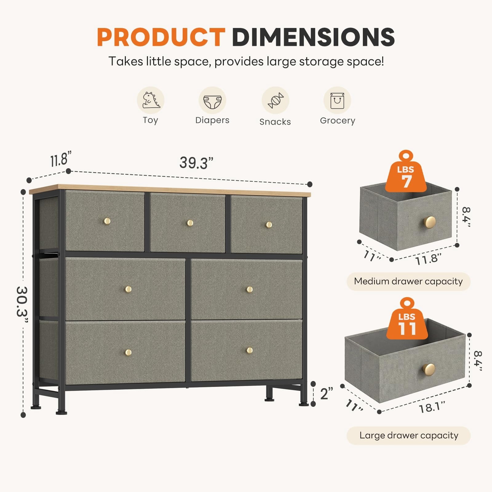 Telyra 7-Drawer Fabric Dresser TV Stand Organizer with Wood Top and Metal Frame Wide Storage Chest, Greyish Green