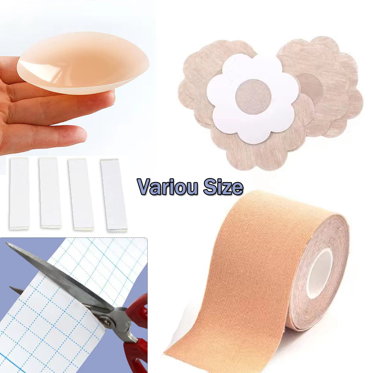 Boob Tape - Breast Lift Tape, Body Tape for Breast Lift w 2 Pcs Silicone  Breast Reusable Adhesive Bra, Bob Tape for Large Breasts A-G Cup, Beige 