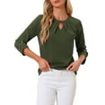 thumbnail image 1 of CURVOSPORT Camisa Elegante para Mujeres, Top de Oficina con Abertura en el Cuello, Frontal Plisado, Manga 3/4, Blusa de Chifón en Verde Militar, 1 of 6