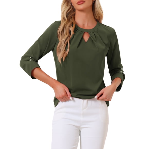 CURVOSPORT Camisa Elegante para Mujeres, Top de Oficina con Abertura Clave, Frente Plisado, Manga 3/4, Blusa de Chifón en Verde Ejército