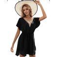 thumbnail image 3 of Women'S Swimsuit Cover Up Short Sleeve Loose Beachwear Deep V-Neck Beach Dress Black M, 3 of 8
