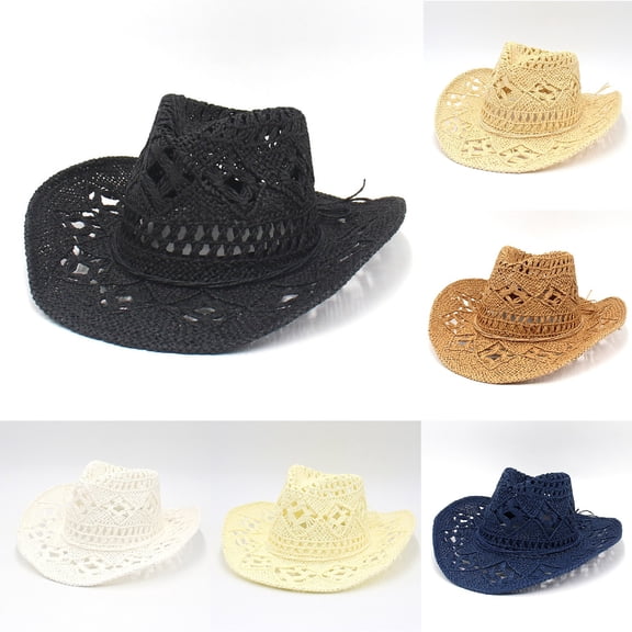 FCLoft Hats For Women, Boho Floppy Beach Sun Hat, Handmade Straw Western Cowboy Hat Sun Protection Fashion Party Cap