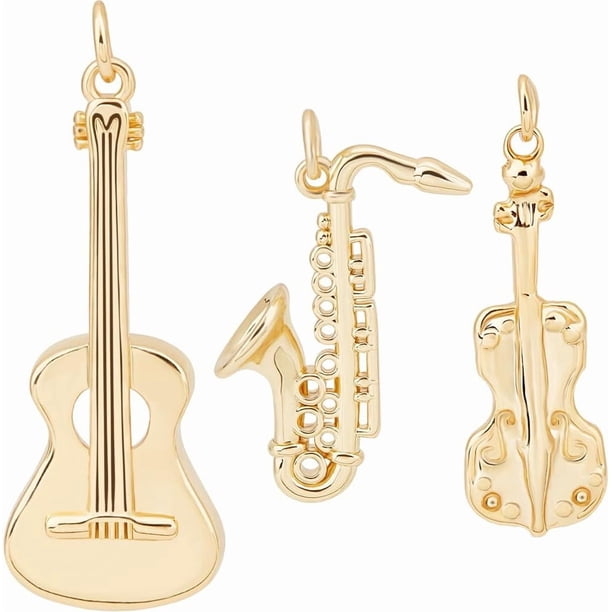 1 caja de 6 dijes de instrumentos musicales de 3 estilos, chapados en oro de 18 quilates, para guitarra, saxofón, colgantes con anillas abiertas.