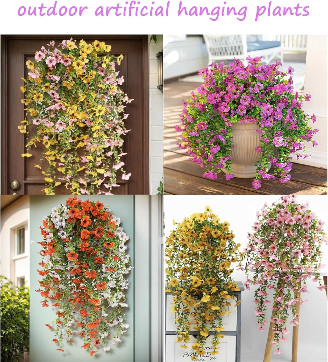 Artificial Fake Hanging Flowers Plants for Outdoors,4 PCS Faux Silk Daisy with Eucalyptus Leaves,UV Resistant Look Real for Outside Home Indoor Planter Porch Patio Balcony Yard Decor (Blue)